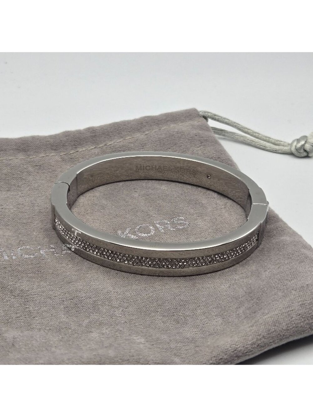 Michael Kors Silver-Tone Crystal Pave Hinged Bangle Bracelet Dust Bag